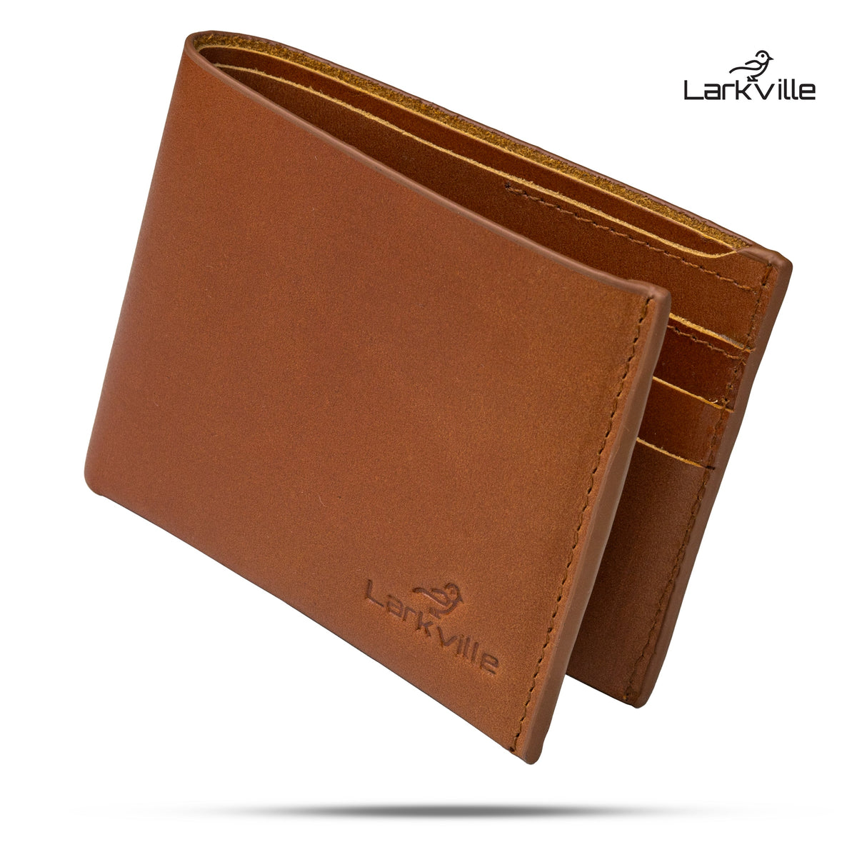 Full grain leather bifold wallet, closed, in saddle tan