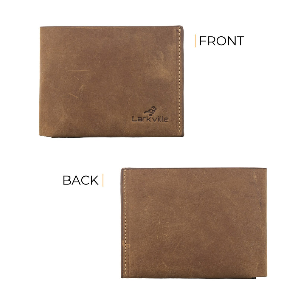 Front and back of the Drifter leather bifold wallet